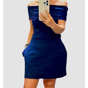 SER.O.YA Ponte Skirt Draper Jersey Dress Size S Blue Off-the-Shoulder